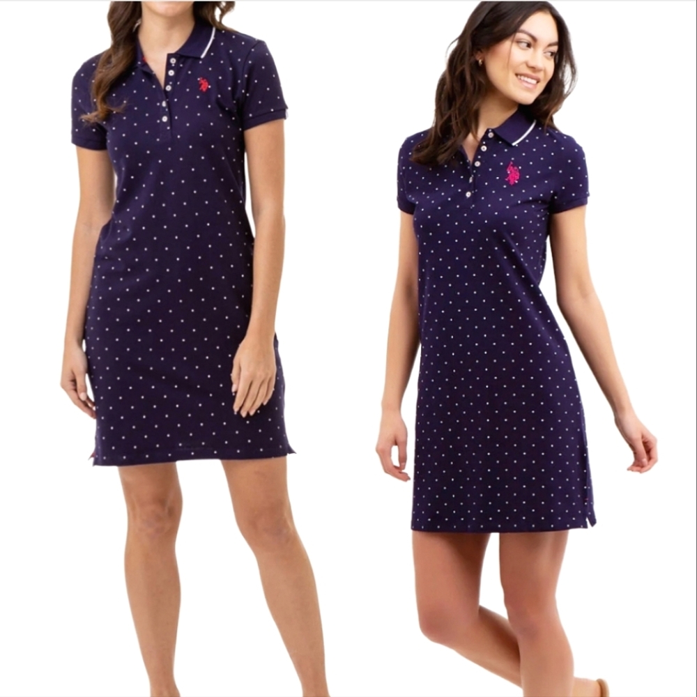 NWOT Navy Polka Dot Polo Dress with Pink Embroidered Pony Emblem Preppy